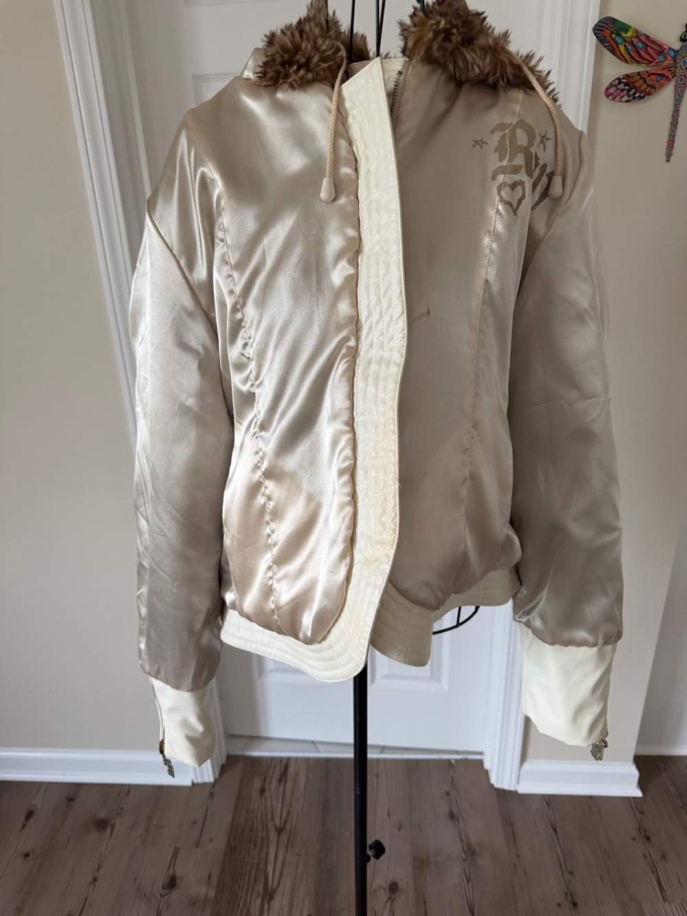Reversible Satin Beige Bomber Jacket with Faux Fur Hood